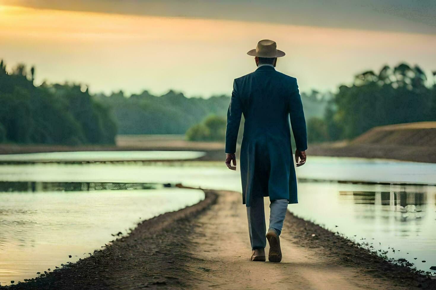 un hombre en un traje y sombrero camina a lo largo un suciedad la carretera. generado por ai foto