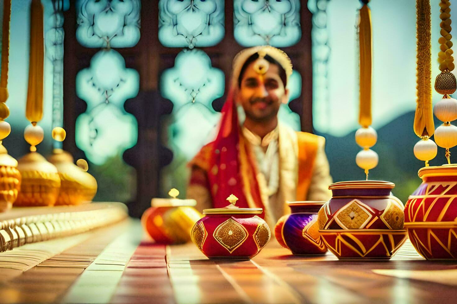 a man in traditional indian attire sits in front of colorful pots. AI-Generated photo