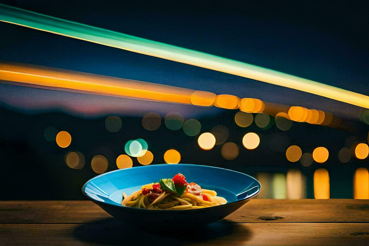 a plate of pasta on a wooden table with a city view. AI-Generated photo