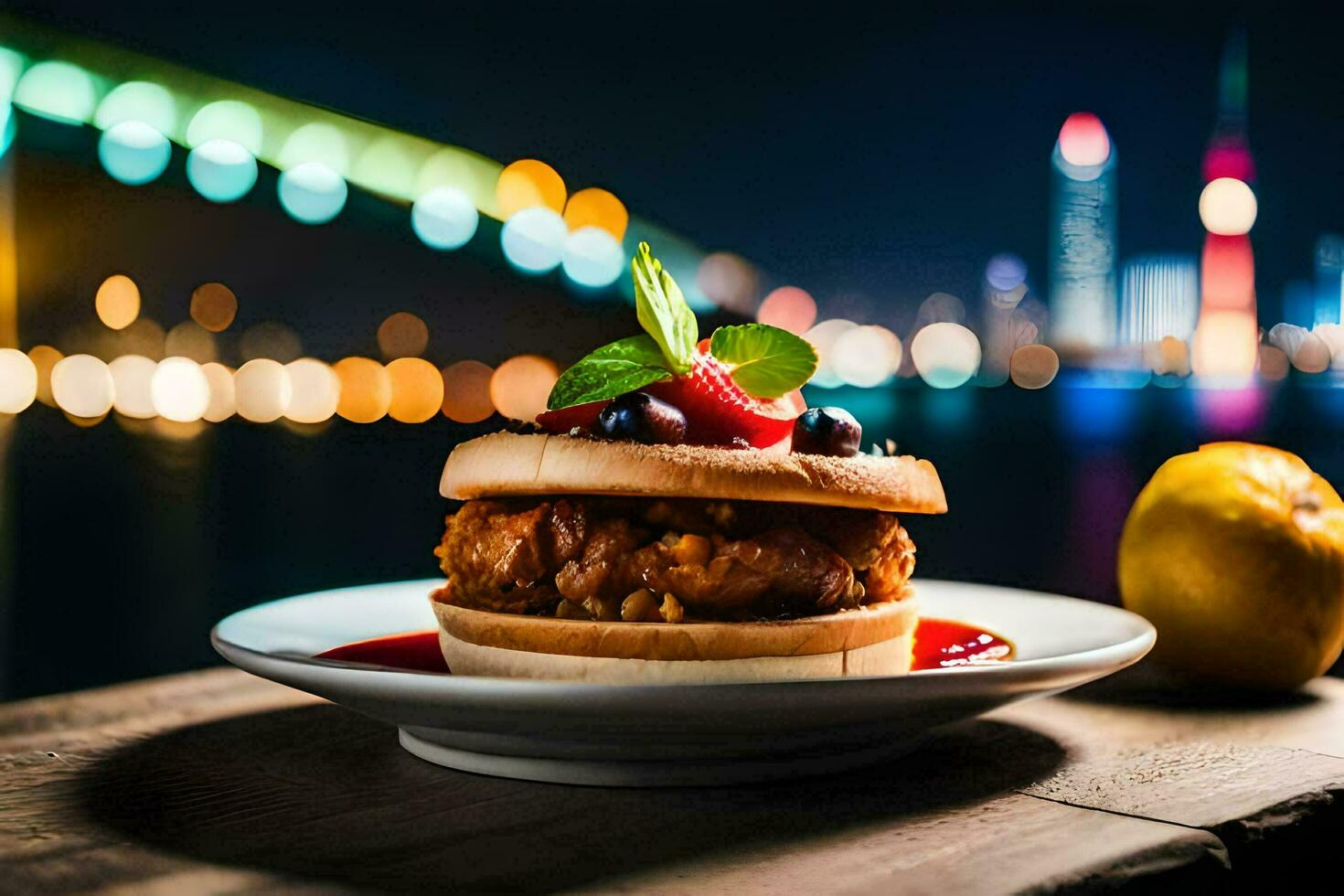 a chicken sandwich with fruit and a view of the city. AI-Generated photo