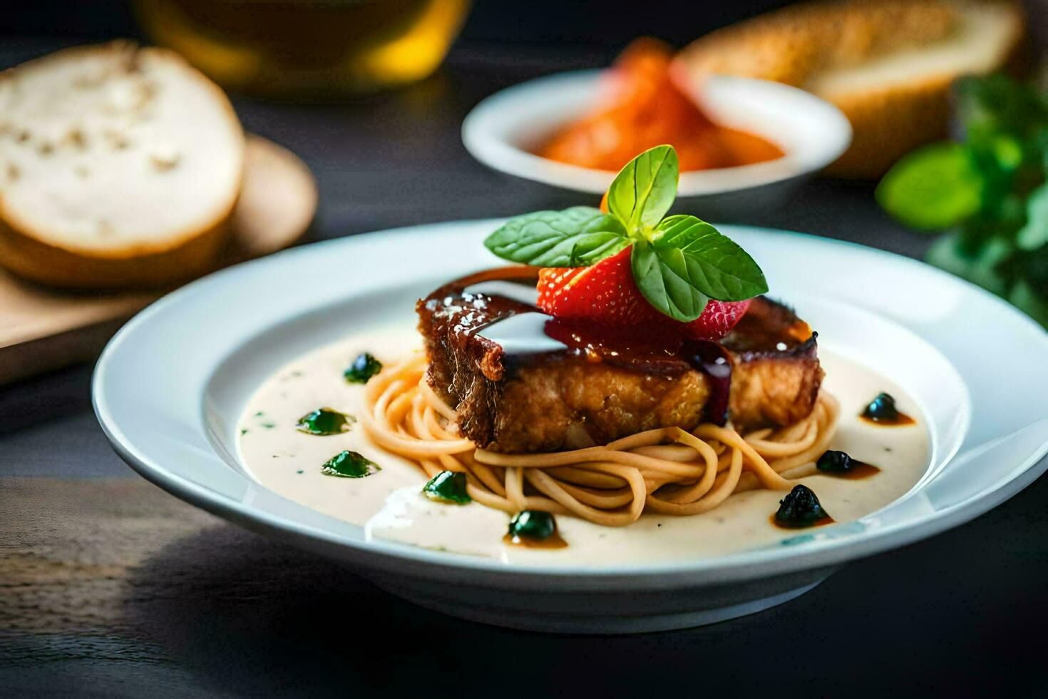 the food is served on a plate with a fork and a knife. AI-Generated photo