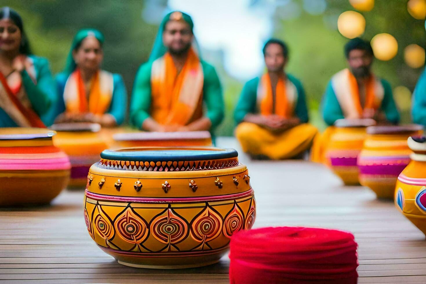 indian women playing drums in front of a group of people. AI-Generated photo