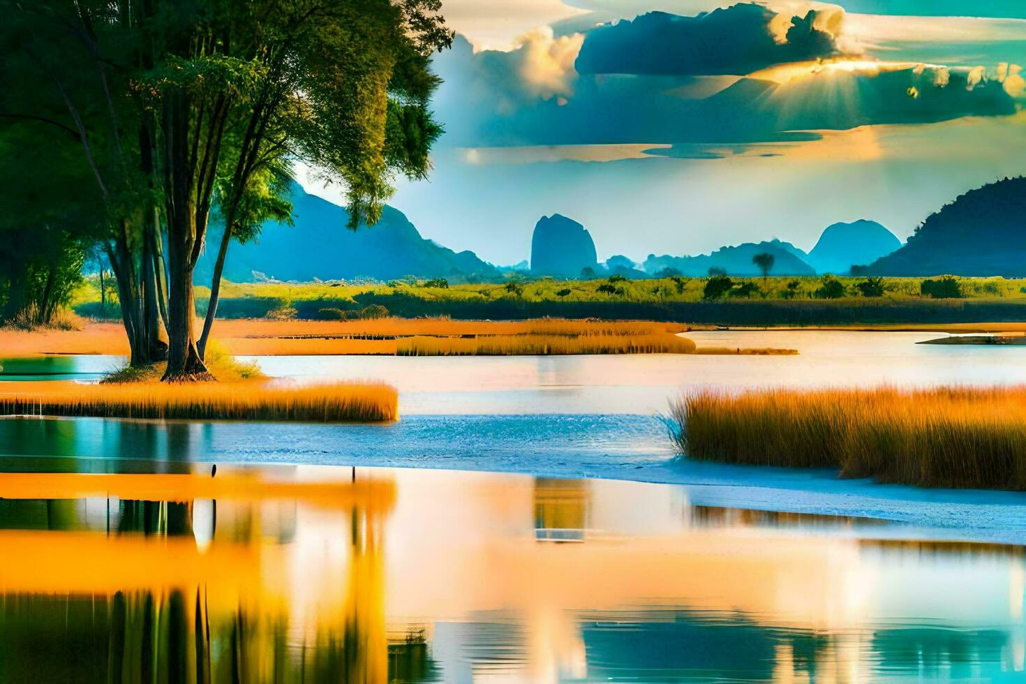 a beautiful landscape with trees and water. AI-Generated photo