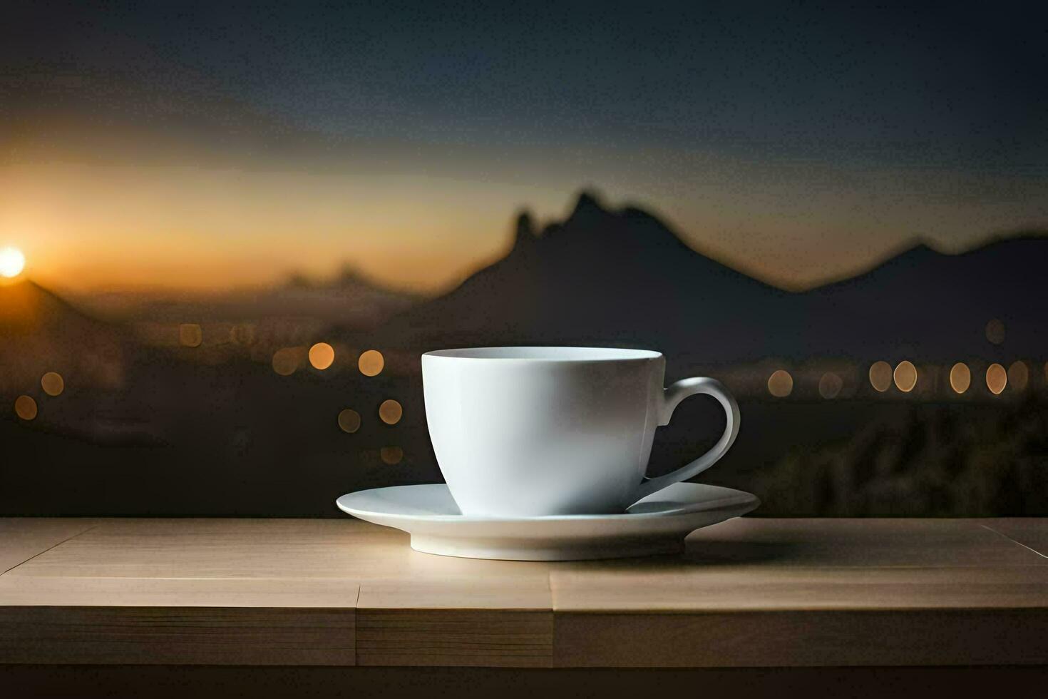 un taza de café en un mesa con un ver de el ciudad. generado por ai foto