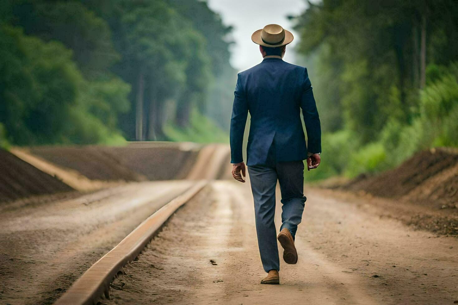 a man in a suit and hat walking down a dirt road. AI-Generated photo