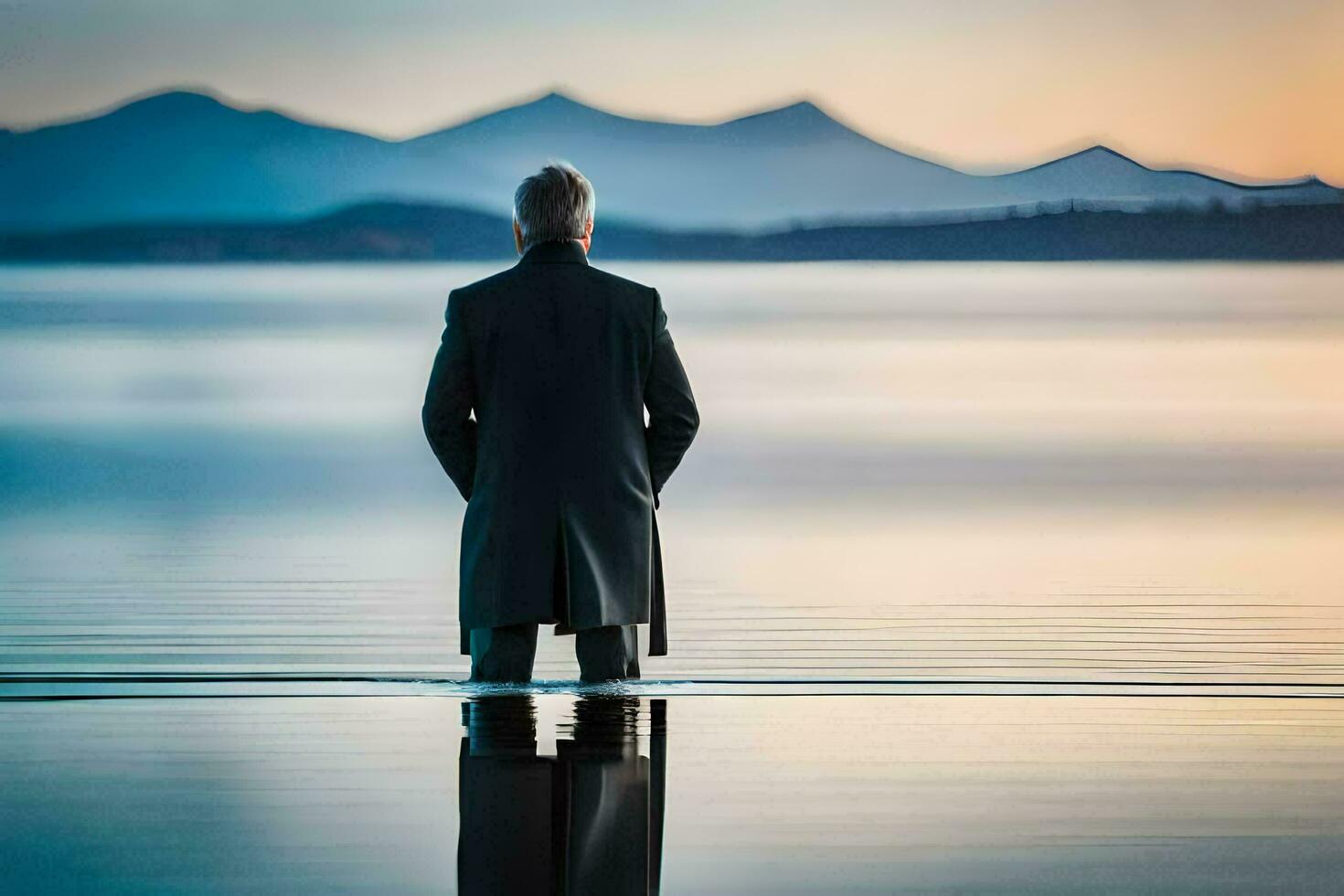a man in a coat stands on a dock looking at the water. AI-Generated photo
