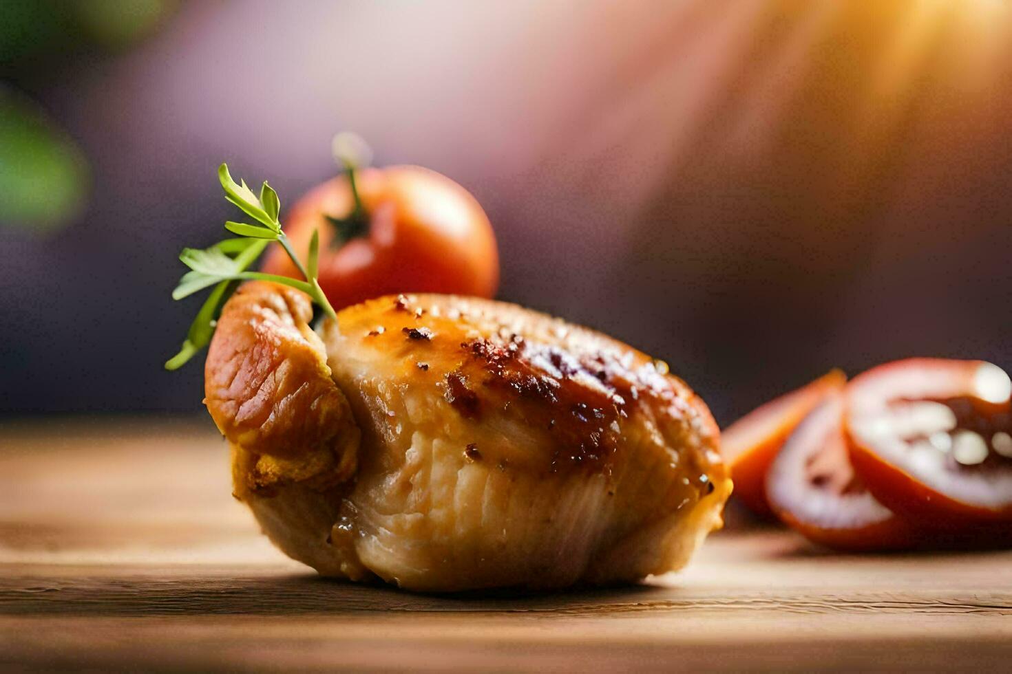 a chicken breast with tomatoes and herbs on a wooden table. AI-Generated photo