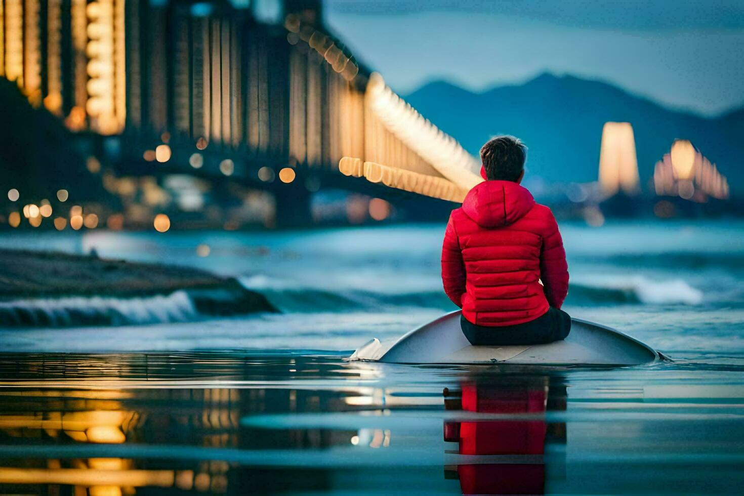 a man sitting on a surfboard in the water. AI-Generated photo