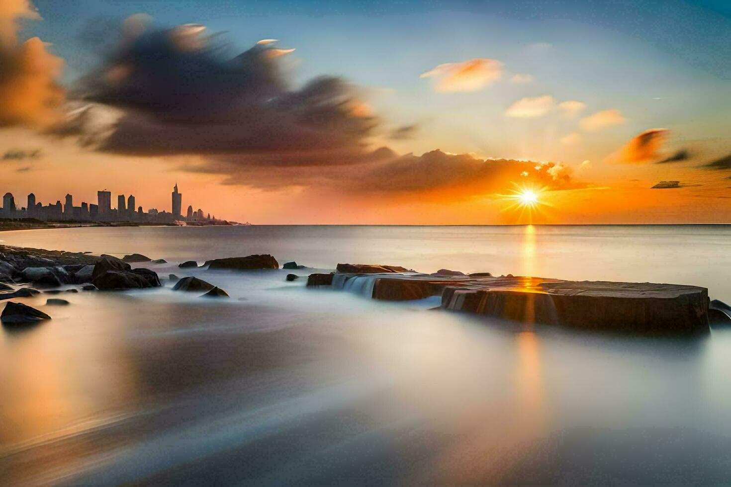 the sun sets over the city skyline in this long exposure photograph. AI-Generated photo