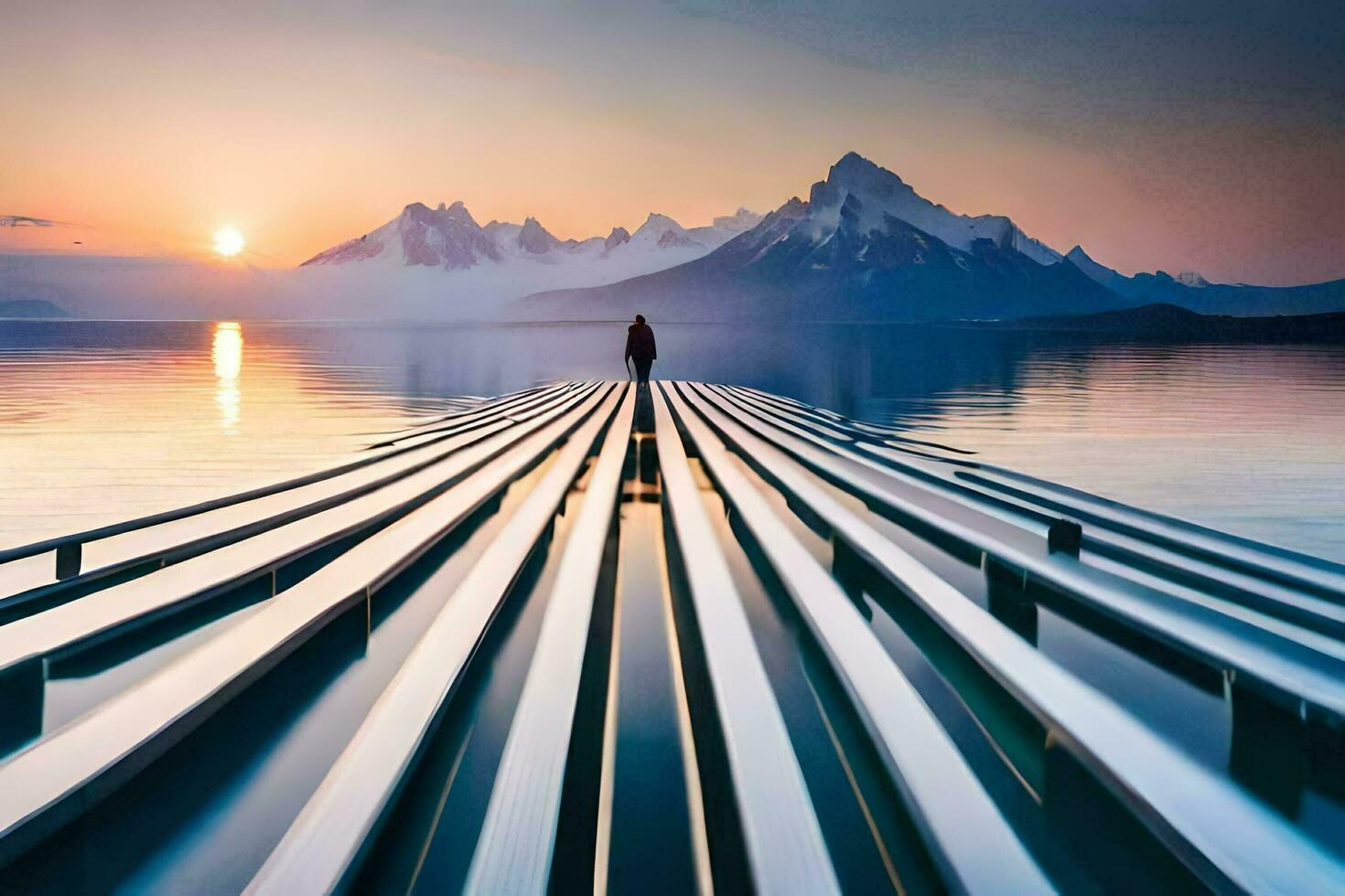 un hombre soportes en un muelle mirando fuera terminado un lago. generado por ai foto