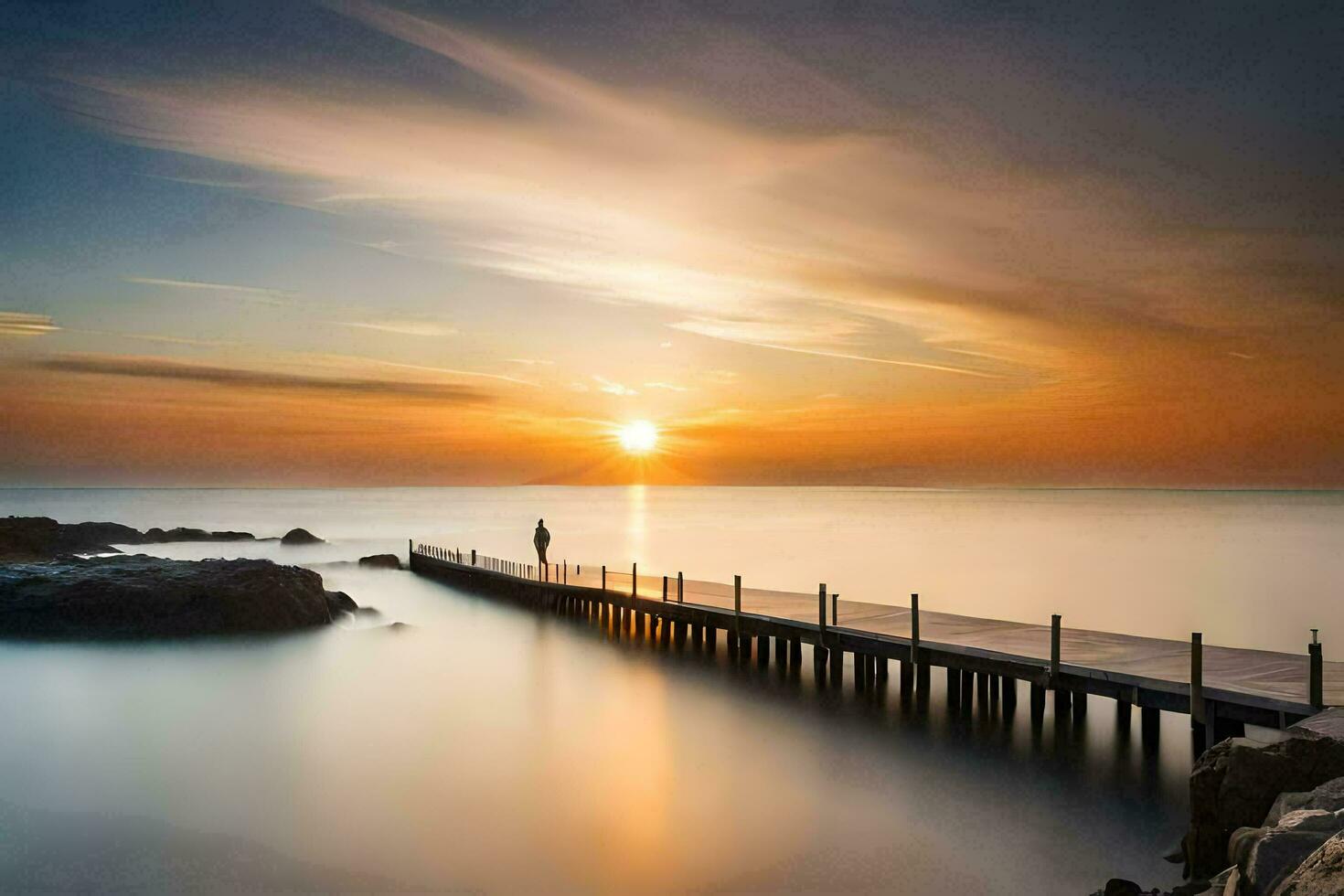 un hombre en pie en un muelle a puesta de sol. generado por ai foto