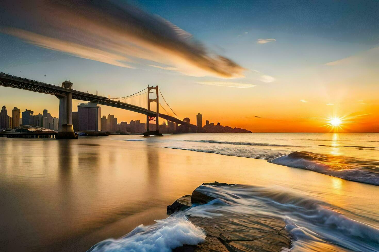 the sun sets over the bay bridge in san francisco. AI-Generated photo