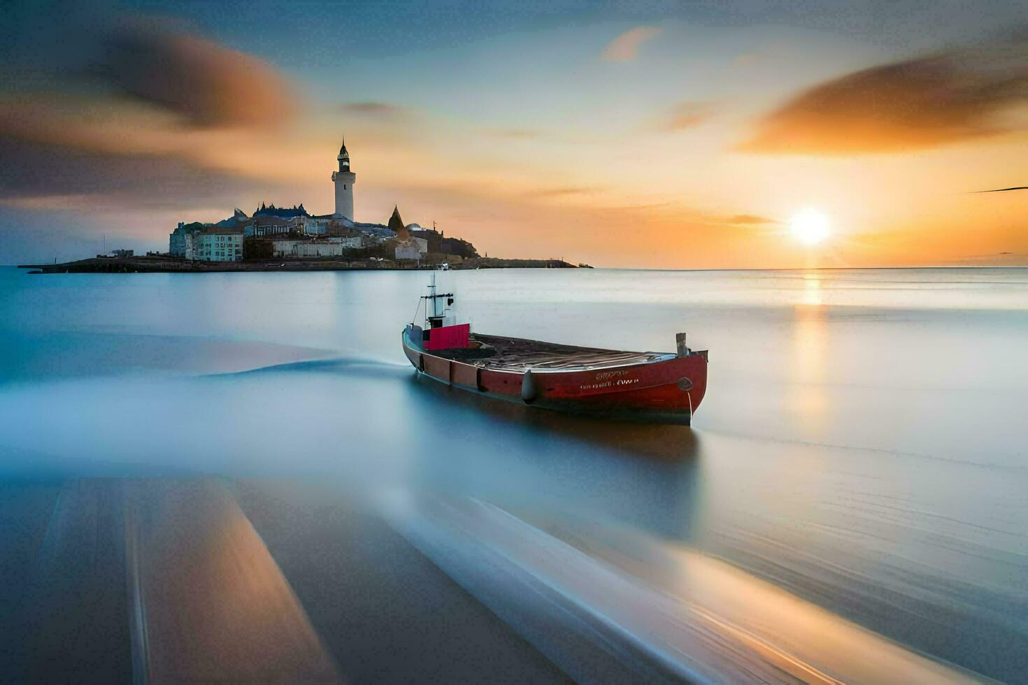 un barco en el Oceano a puesta de sol con un faro en el antecedentes. generado por ai foto