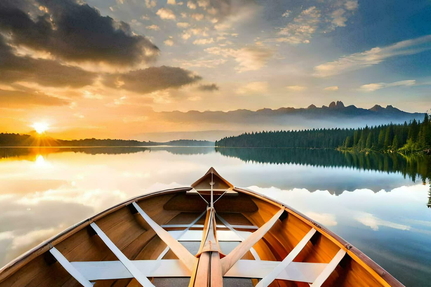 el barco es en el lago a puesta de sol. generado por ai foto