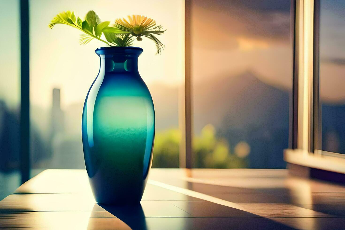 a blue vase with flowers sitting on a table. AI-Generated photo