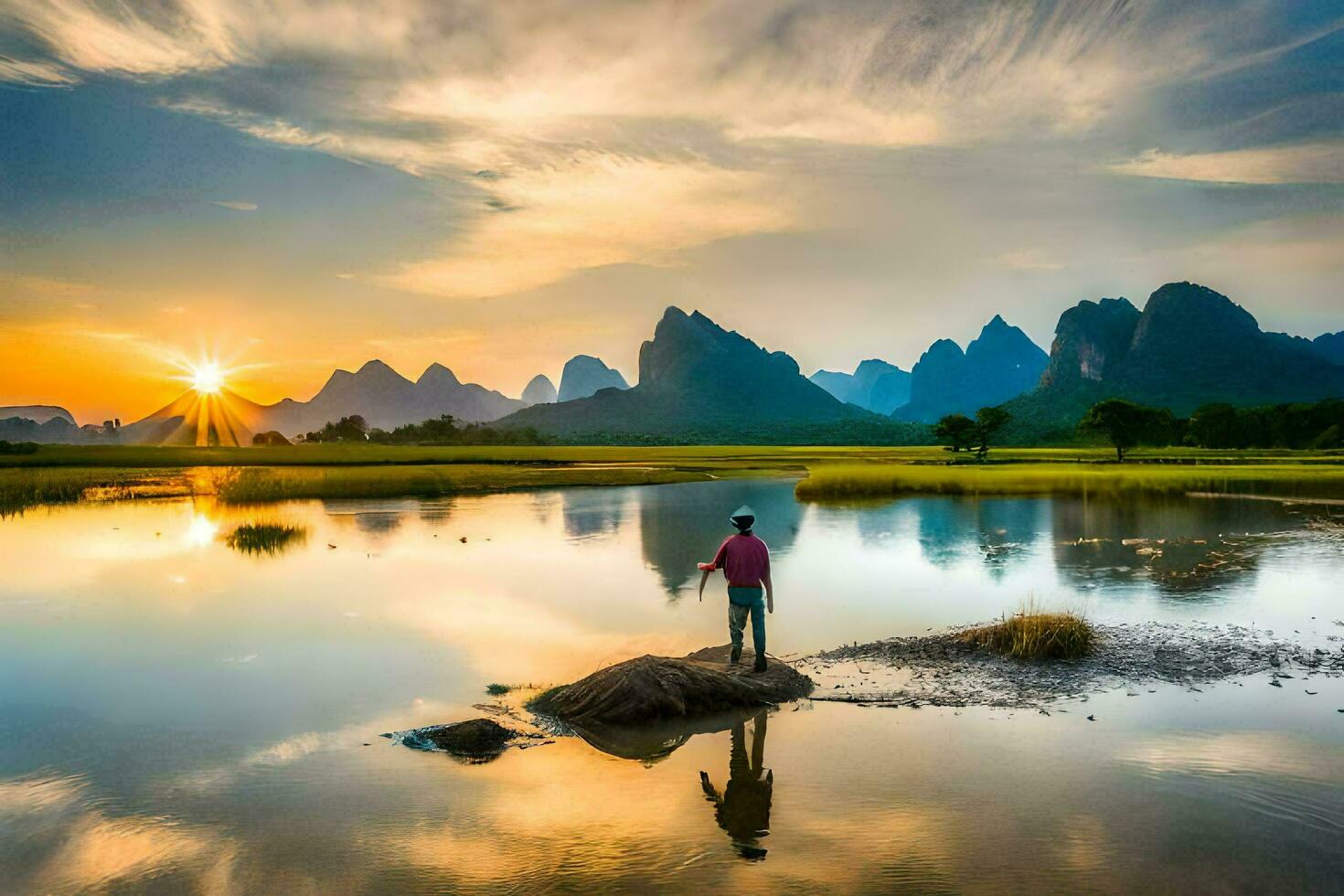 the man stands on the rocks in front of the river. AI-Generated photo