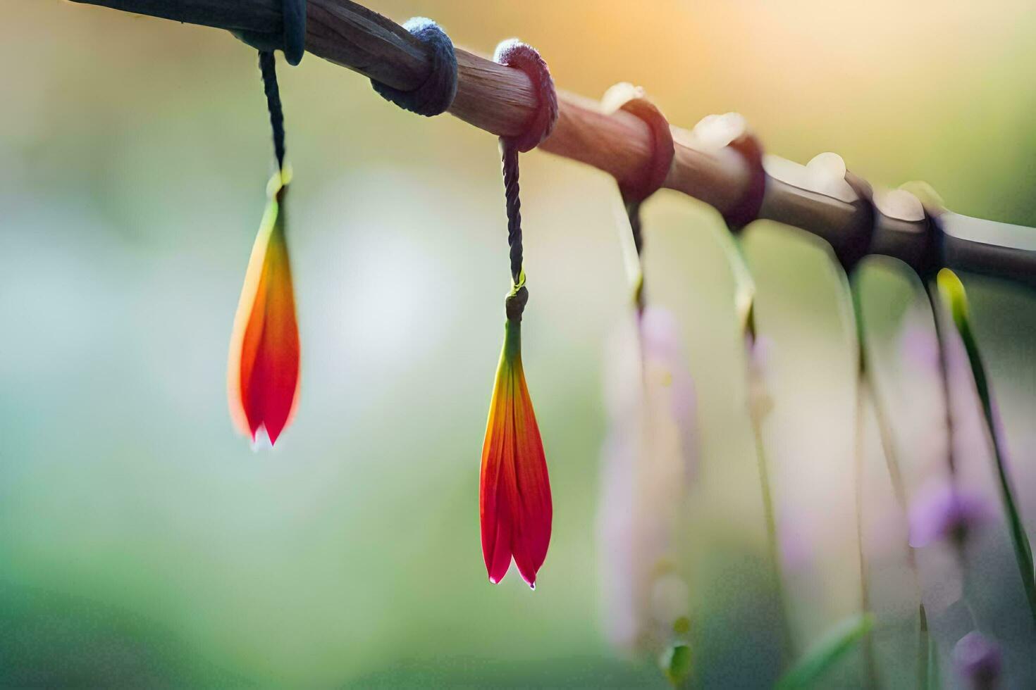 two red flowers hanging from a wire. AI-Generated photo
