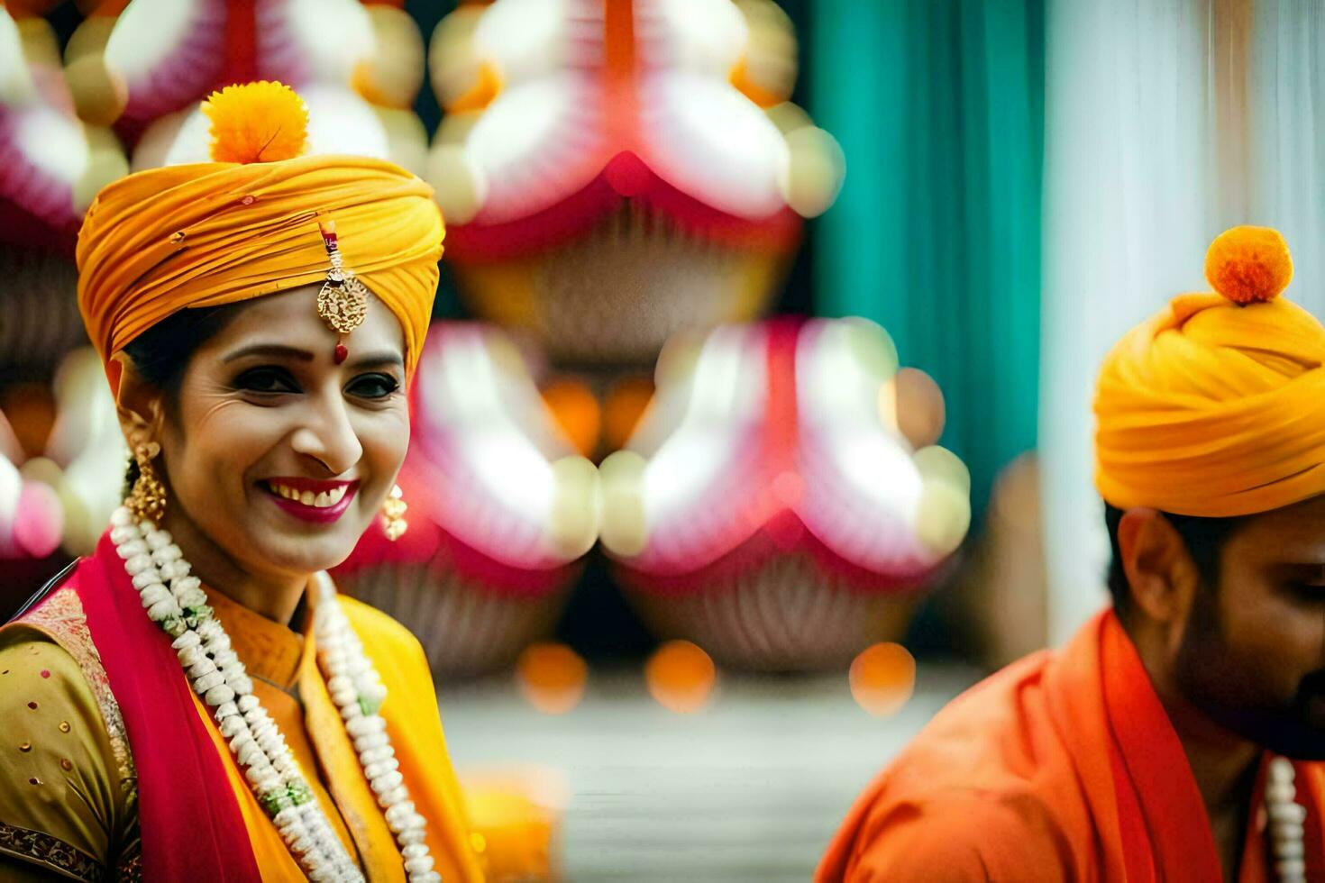 a bride and groom in traditional indian attire. AI-Generated photo