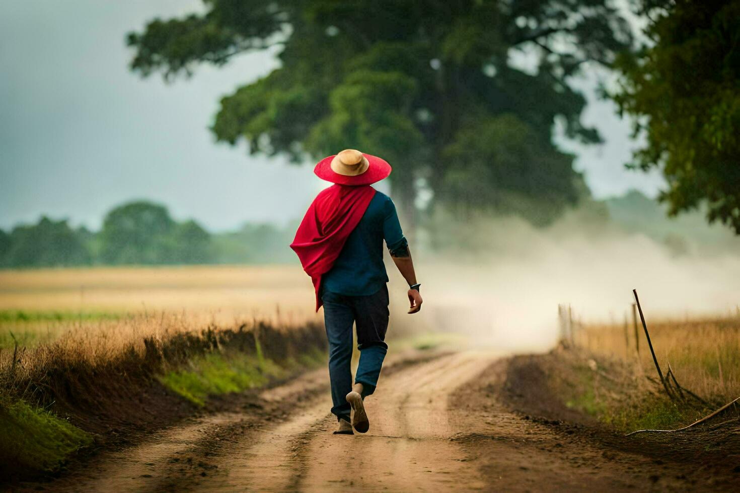 a man in a red hat walks down a dirt road. AI-Generated photo