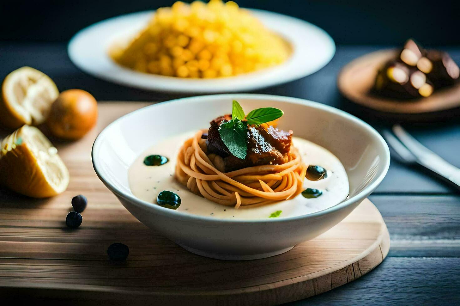 spaghetti with meat and cheese in a bowl. AI-Generated photo