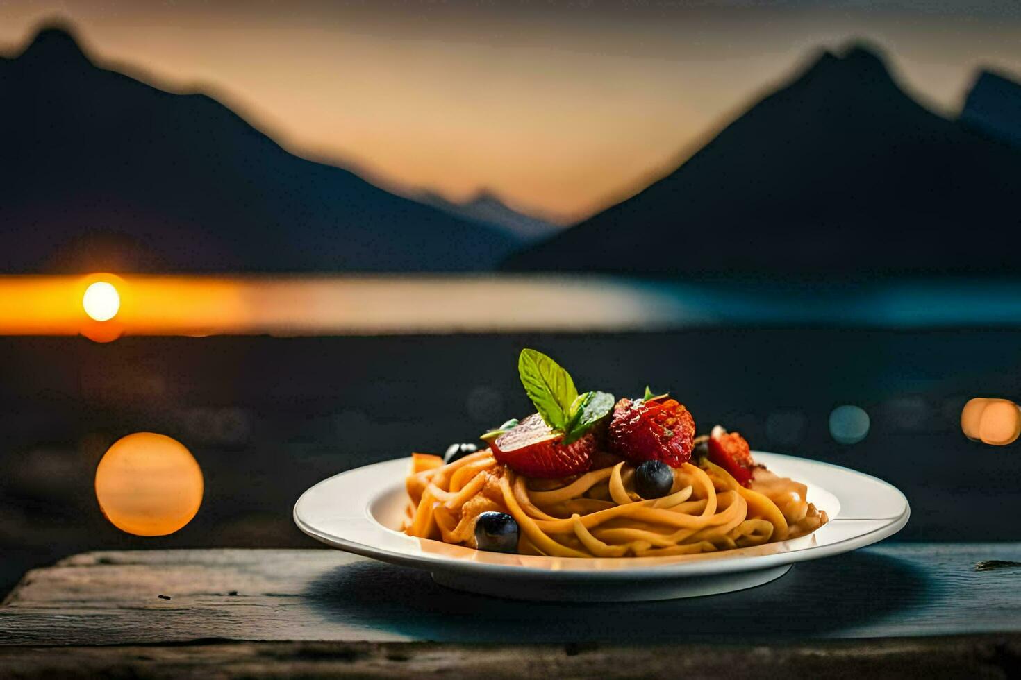 a plate of pasta with berries and a mountain view. AI-Generated photo