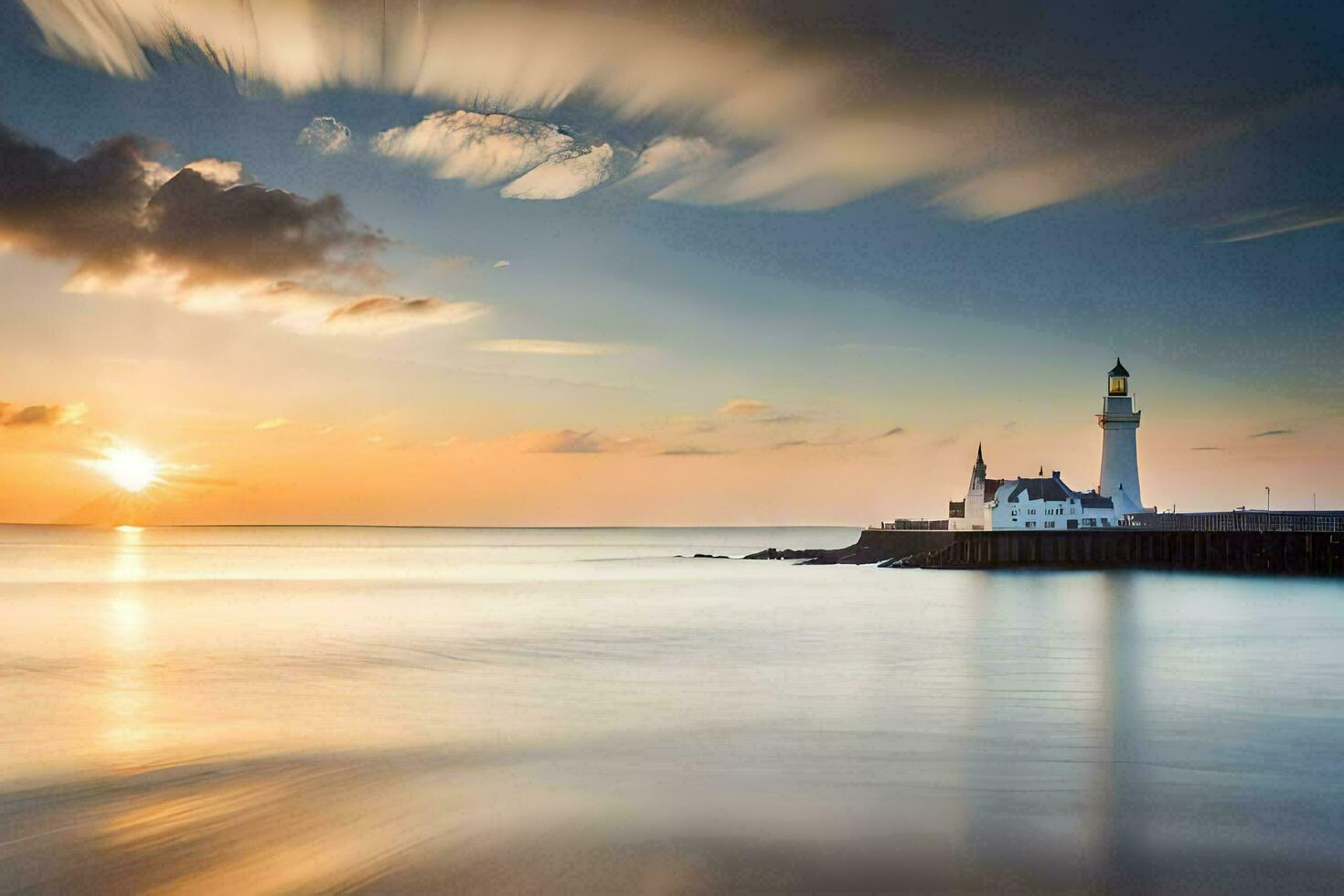 un faro es visto en el distancia a puesta de sol. generado por ai foto