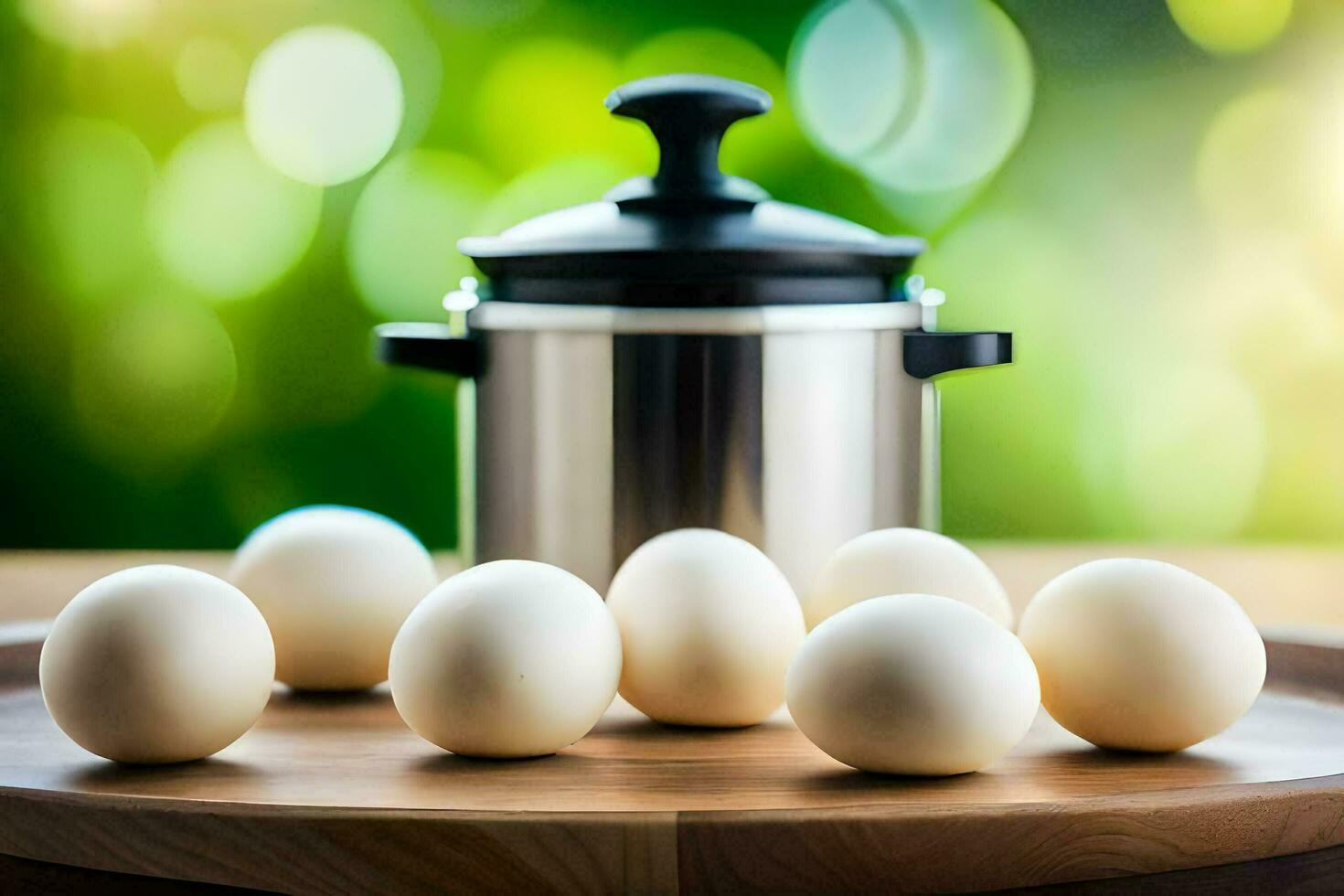white eggs on a wooden table next to a pot. AI-Generated photo