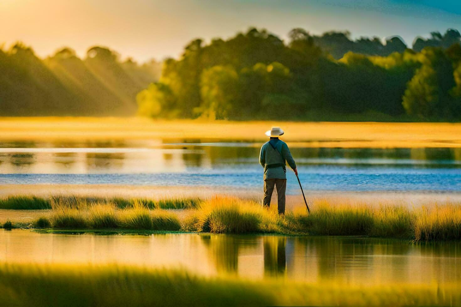a man standing on the shore of a lake at sunrise. AI-Generated photo