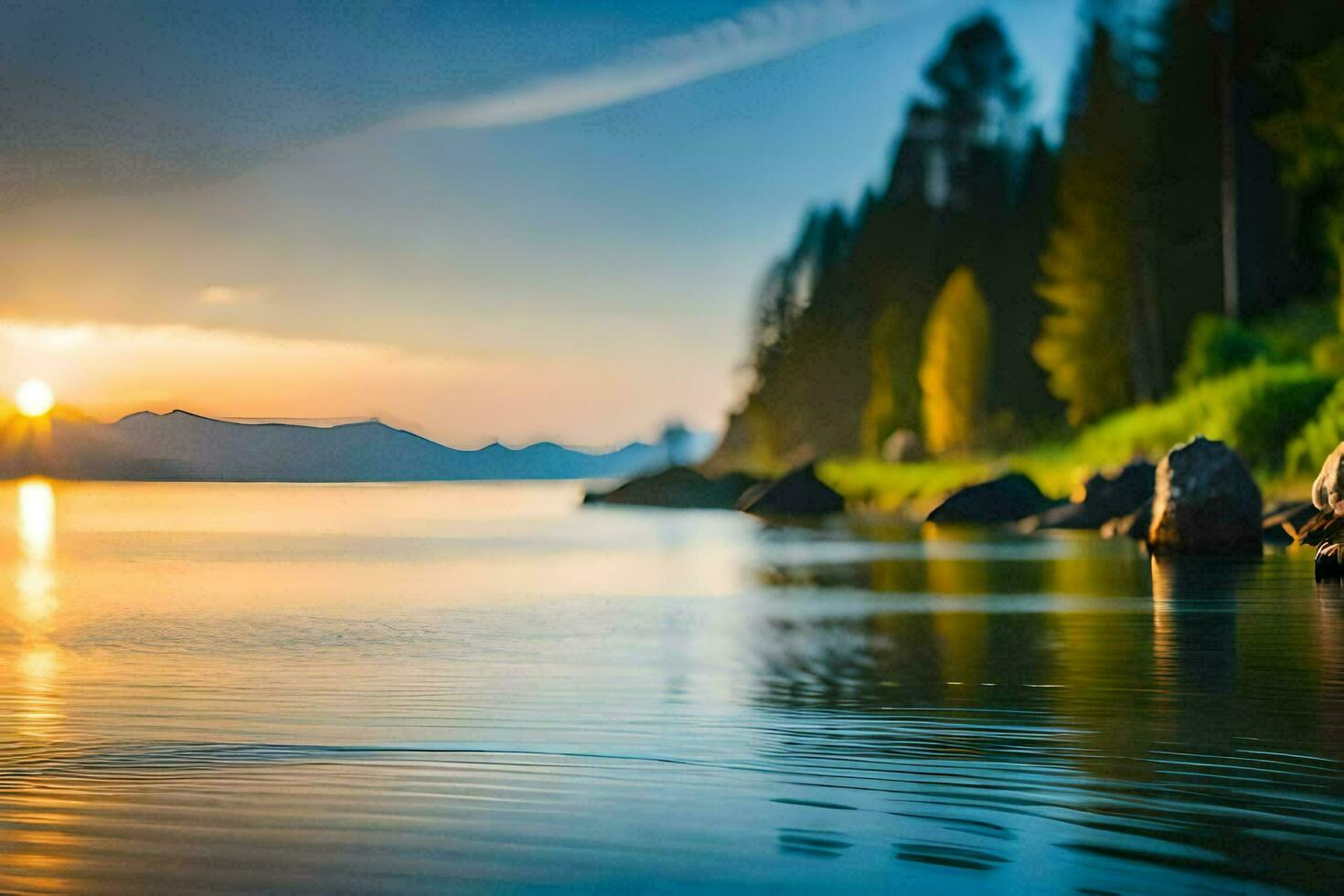 the sun is setting over a lake with rocks and trees. AI-Generated photo