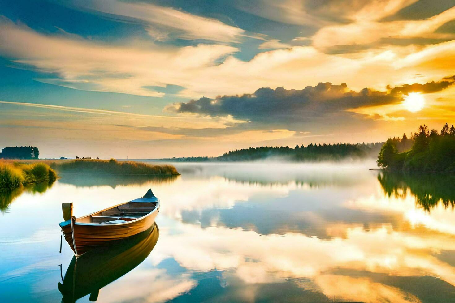 un barco es flotante en el calma agua a puesta de sol. generado por ai foto