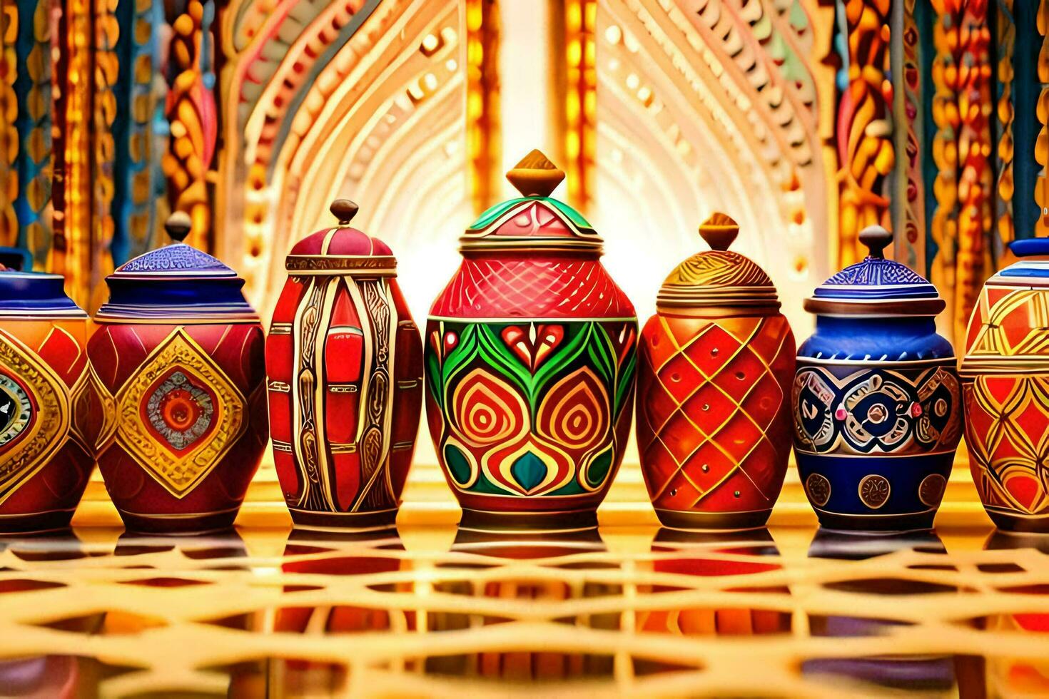 a row of colorful vases with decorative designs. AI-Generated photo