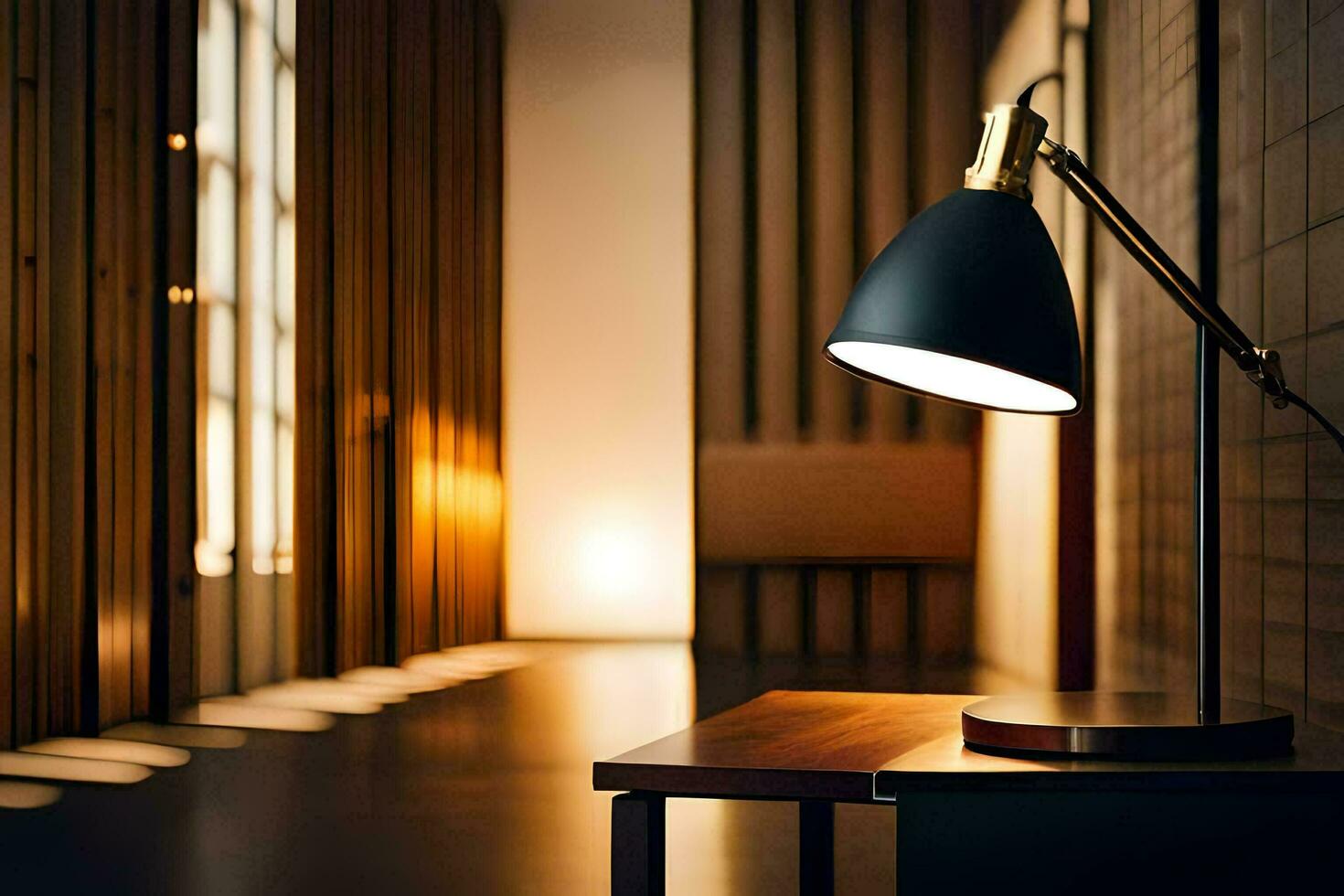 a black desk lamp sitting on a wooden table. AI-Generated photo