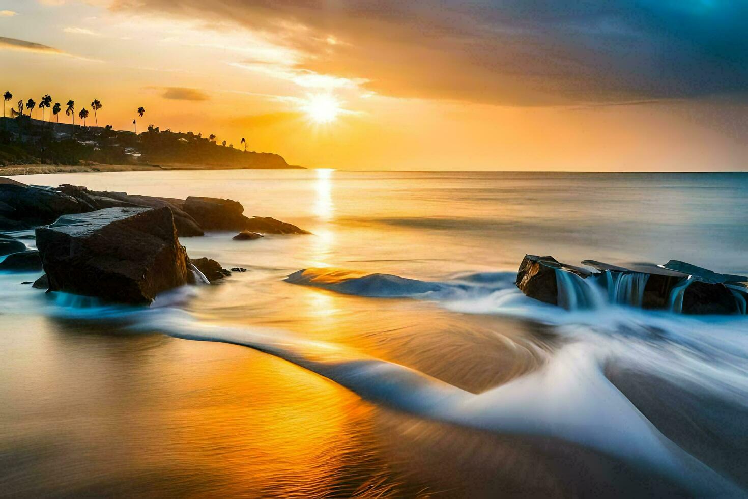 the sun sets over the ocean and waves. AI-Generated photo