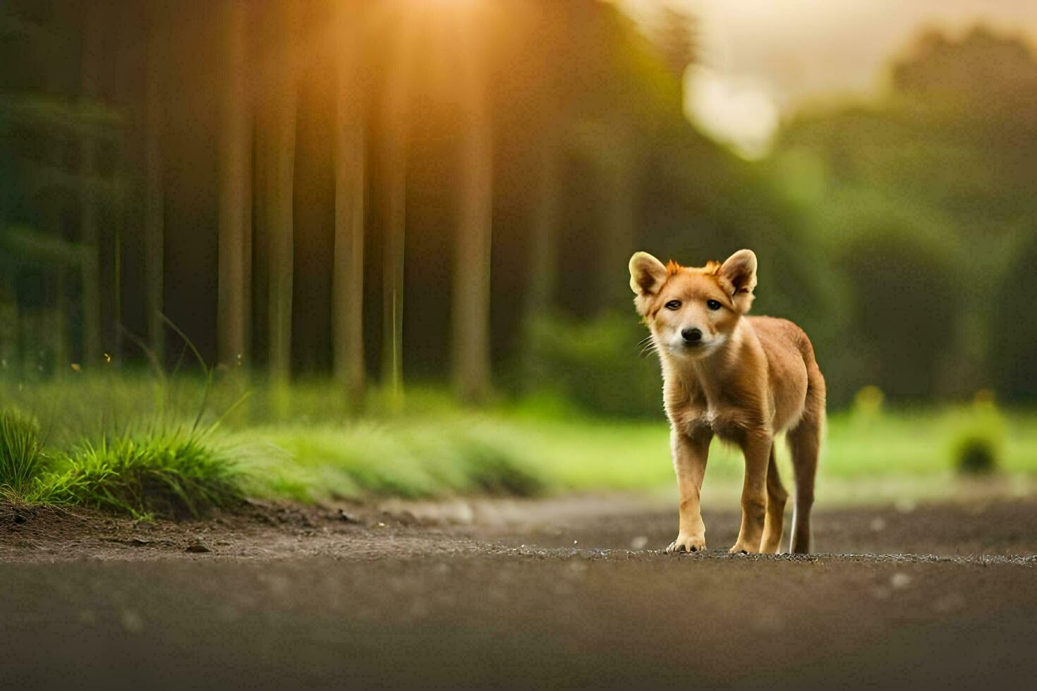 un perro caminando en un la carretera en el medio de el día. generado por ai foto