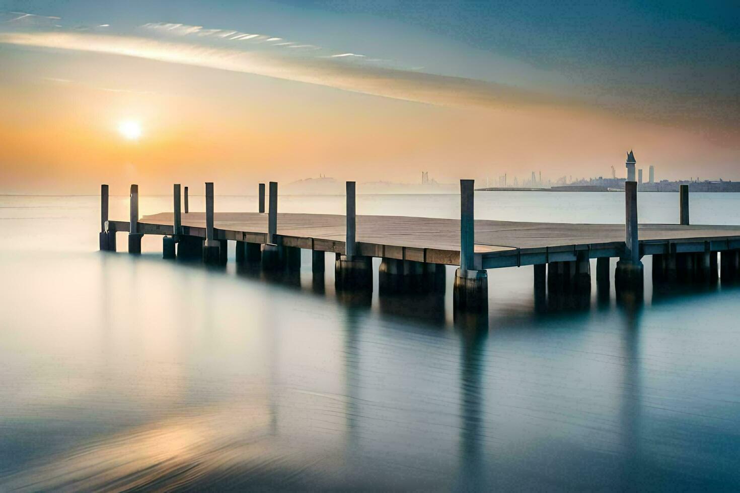 a pier in the water at sunset. AI-Generated photo