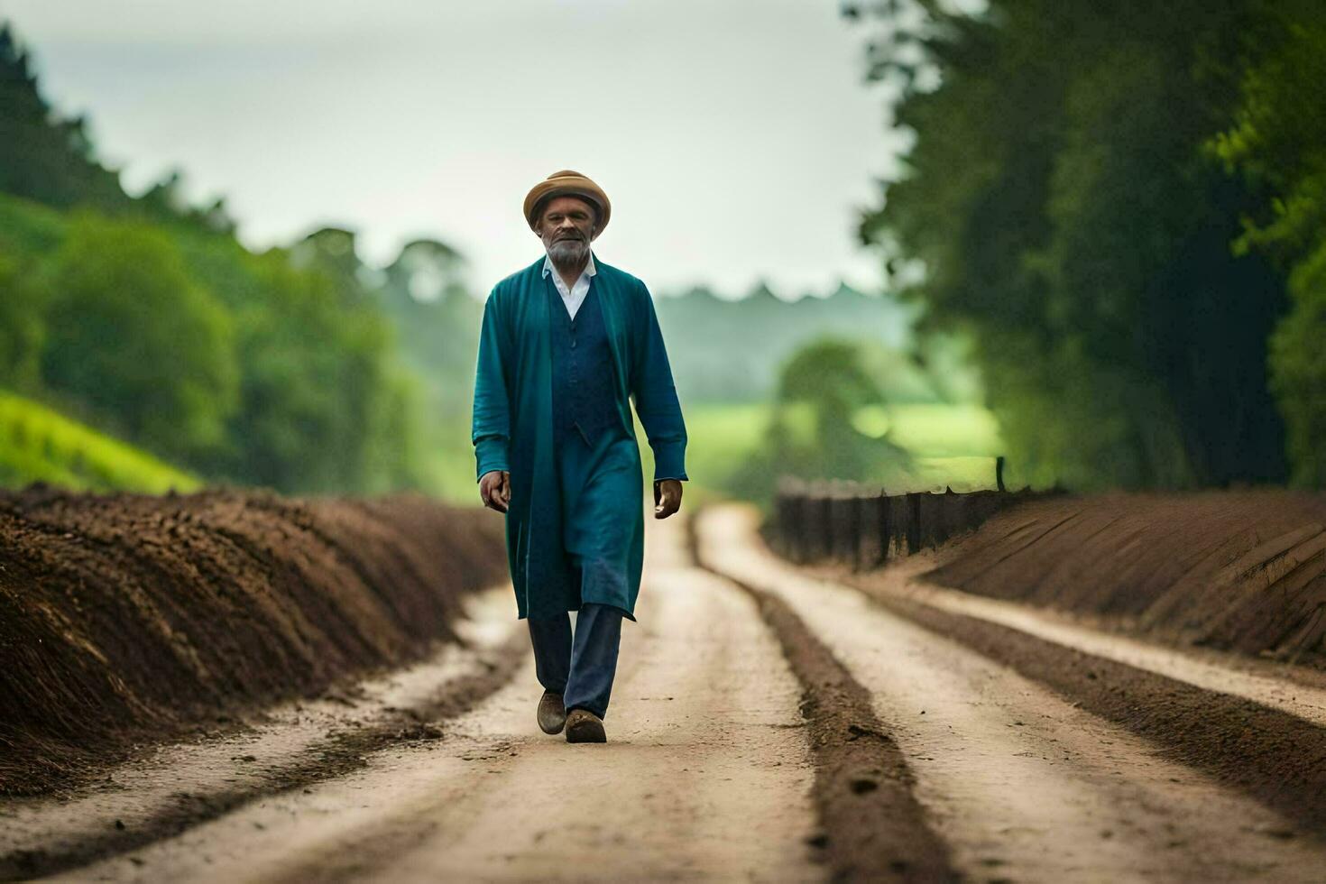 a man in a blue robe walks down a dirt road. AI-Generated photo