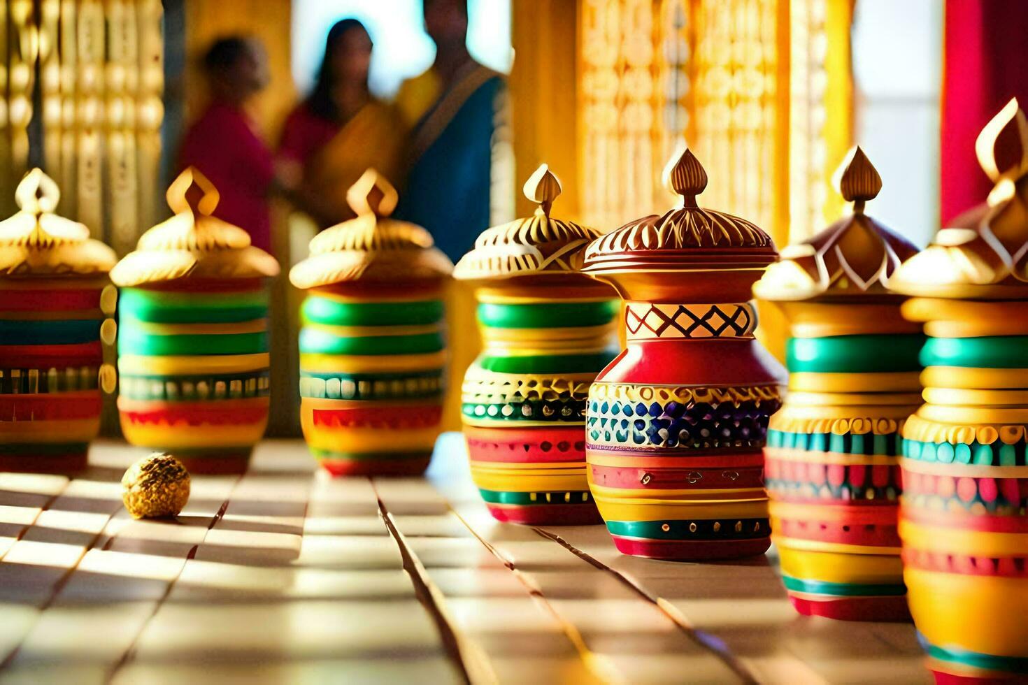 colorful vases lined up on a table with a woman in the background. AI-Generated photo