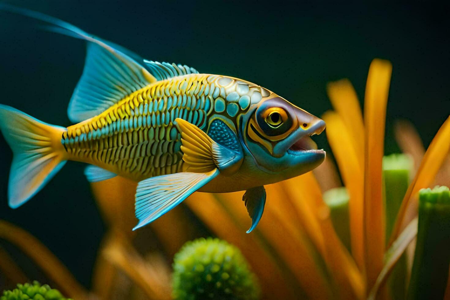 a fish with a yellow and blue body is swimming in the water. AI-Generated photo