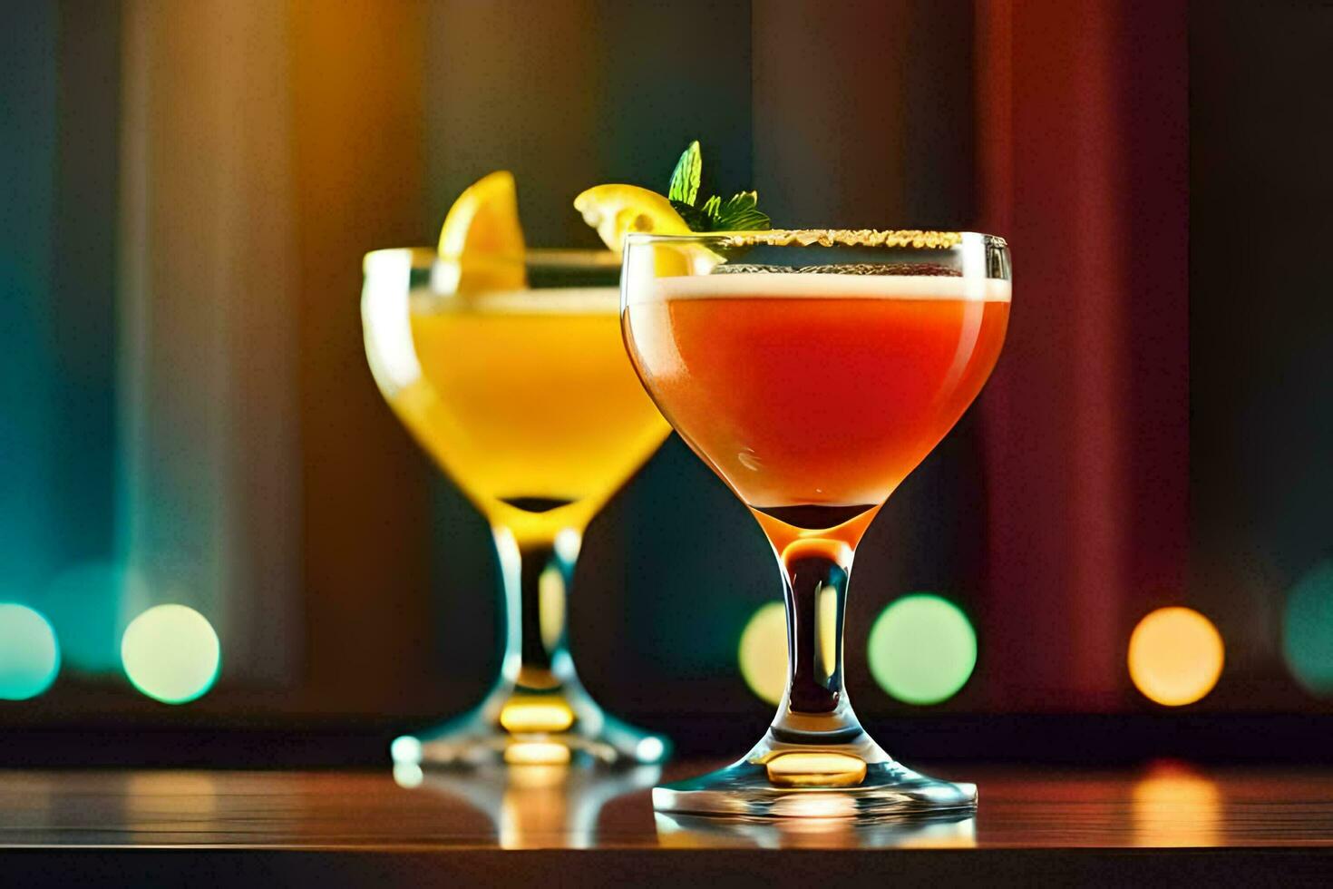two cocktails on a table with blurred lights. AI-Generated photo