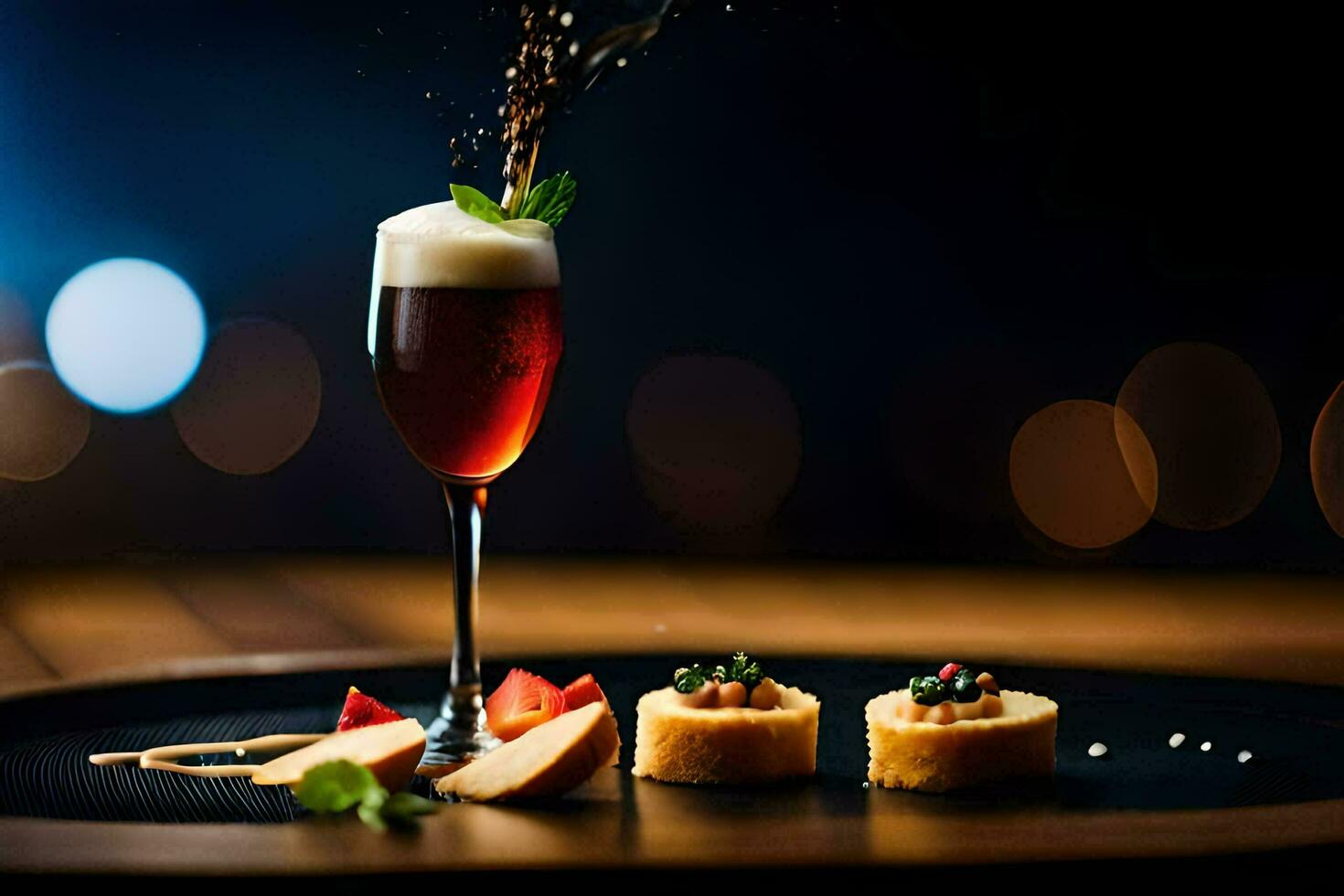 a glass of wine with food on a table. AI-Generated photo