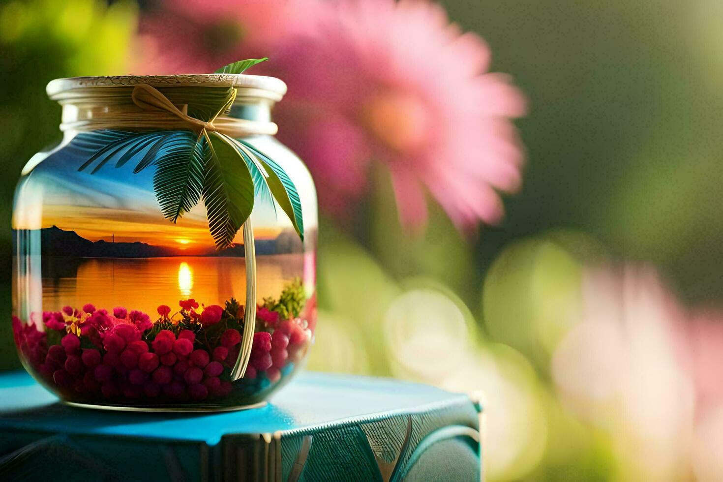 a jar with a sunset in it. AI-Generated photo