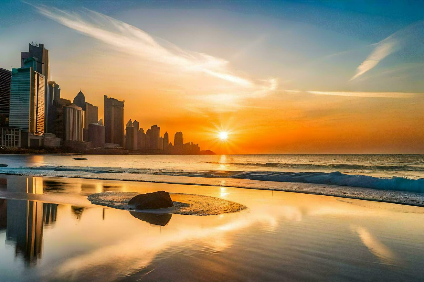 the sun rises over the city skyline in dubai. AI-Generated photo