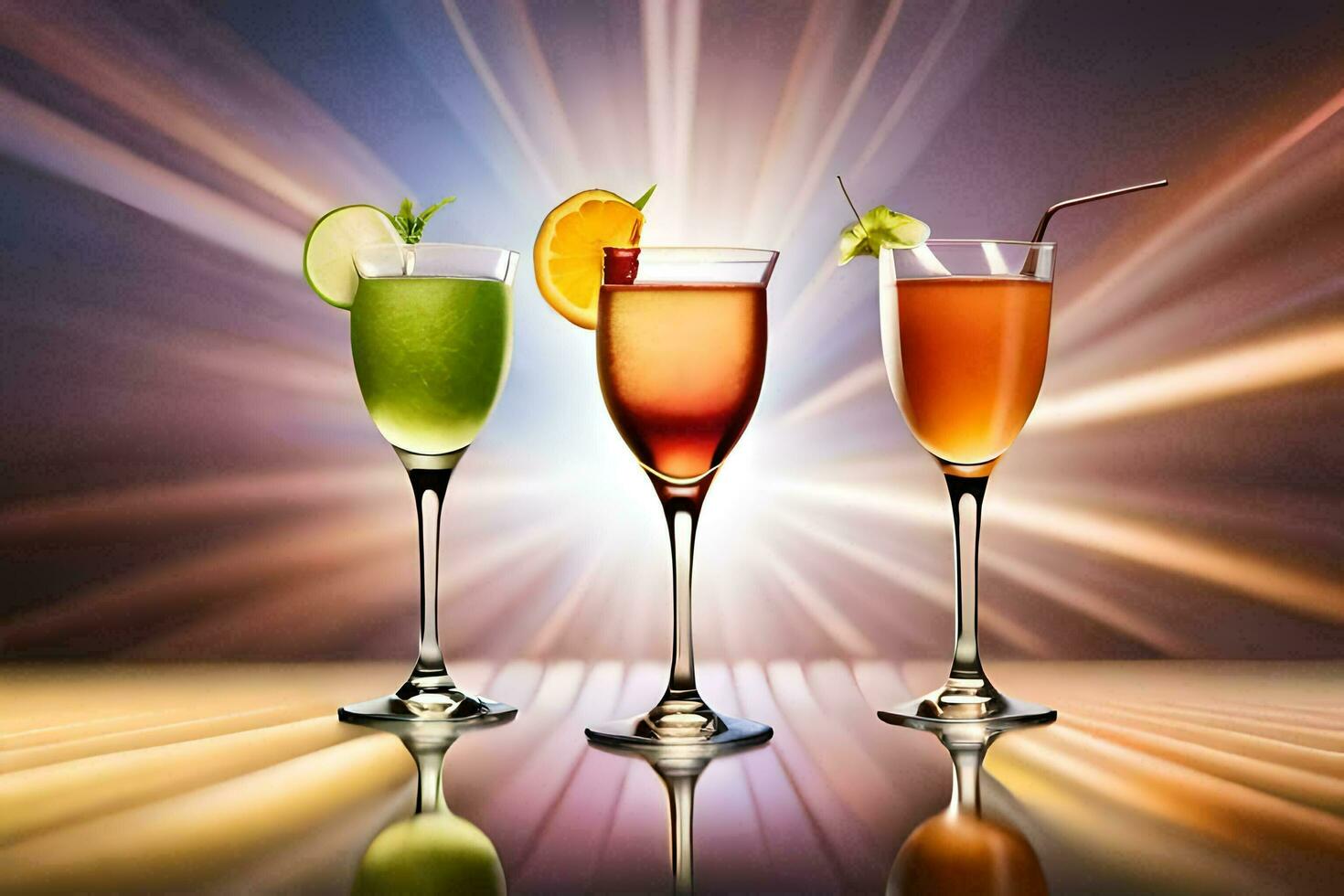 three different cocktails in glasses with bright light. AI-Generated photo