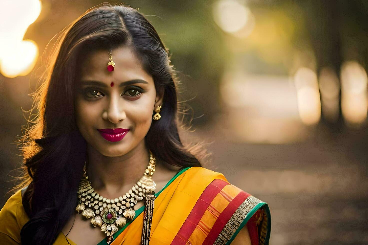 un hermosa indio mujer en un amarillo sari. generado por ai foto