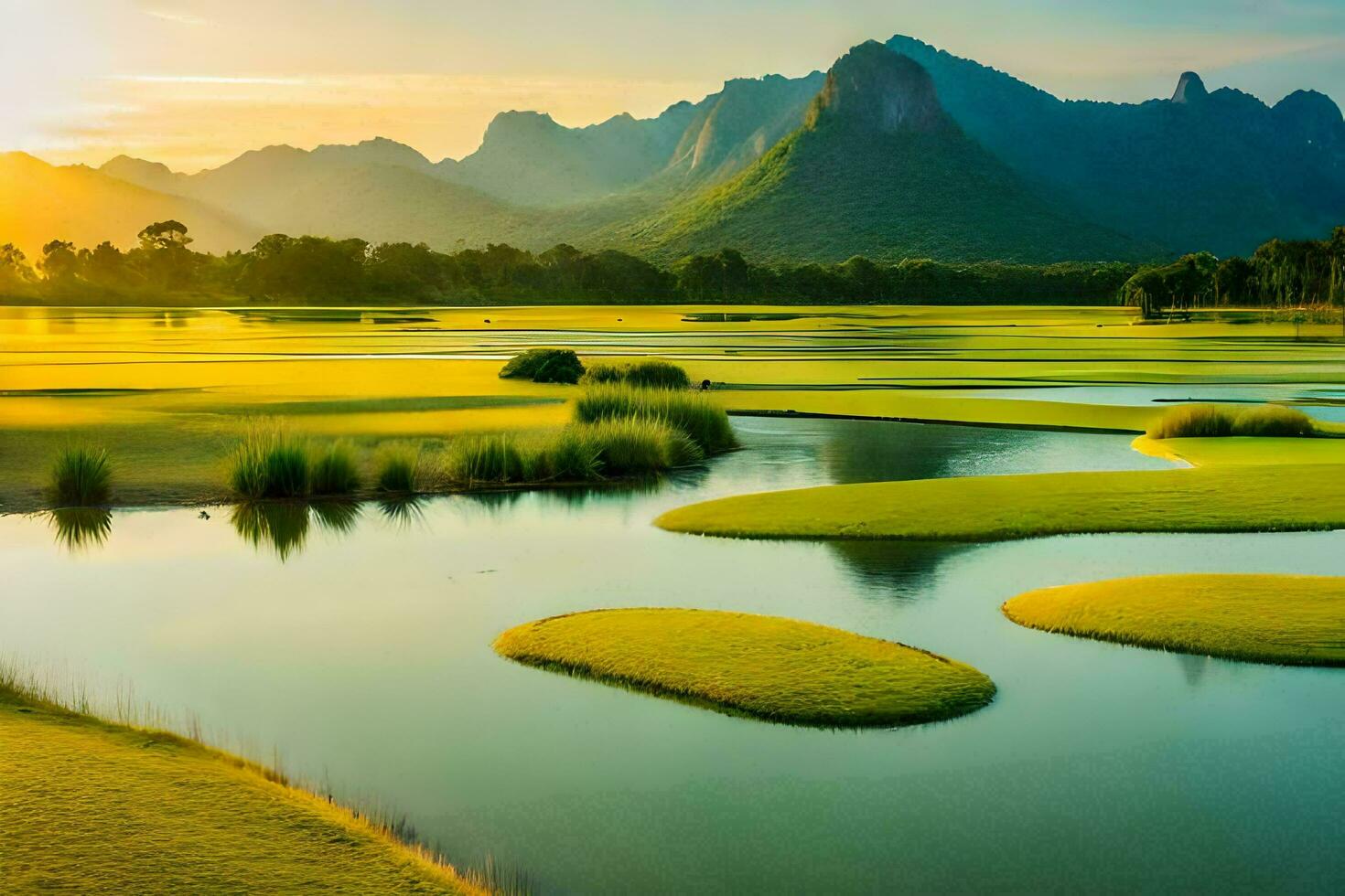 the sun rises over the mountains and the grassy fields. AI-Generated photo