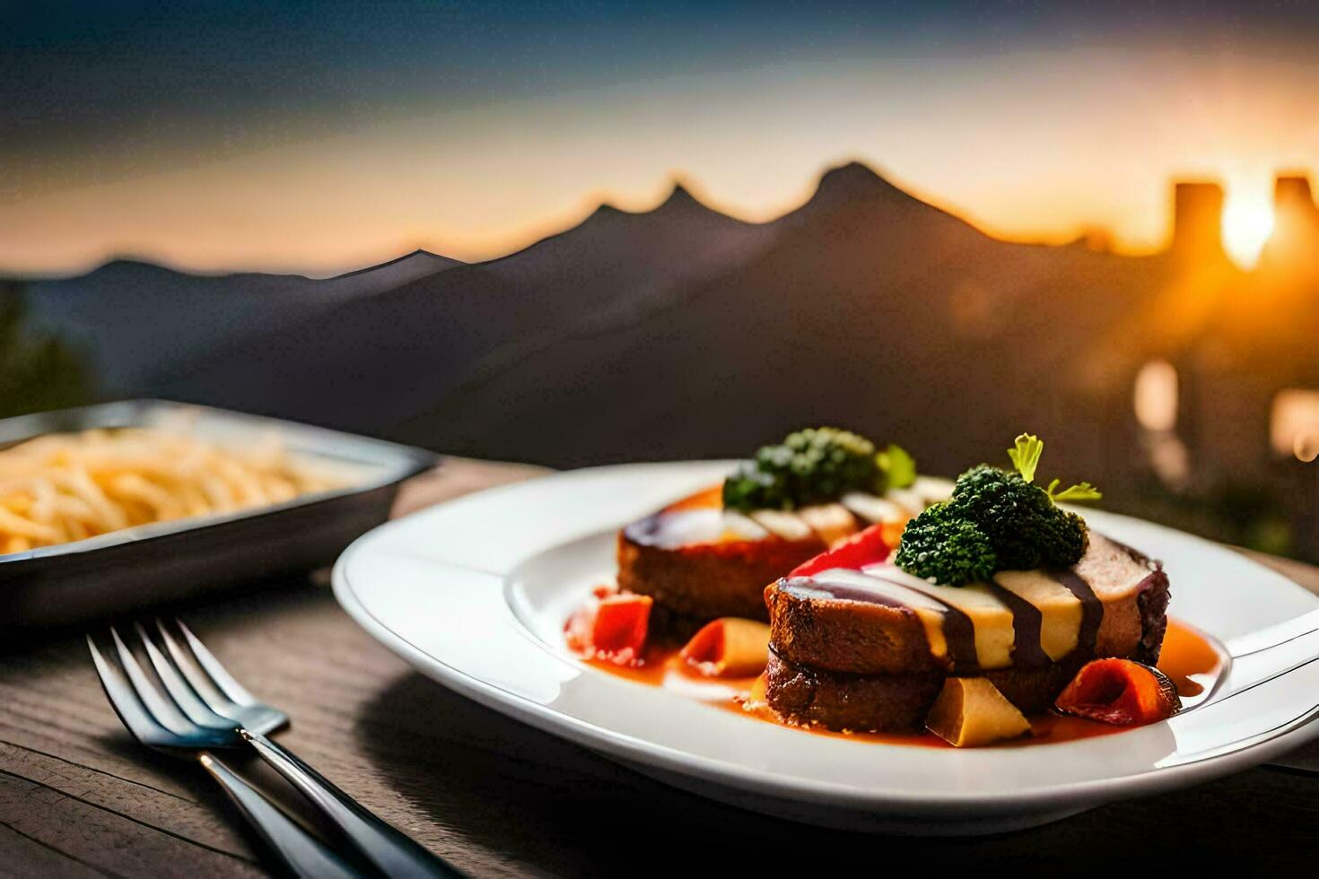 the food is served on a plate with a fork and a knife. AI-Generated photo