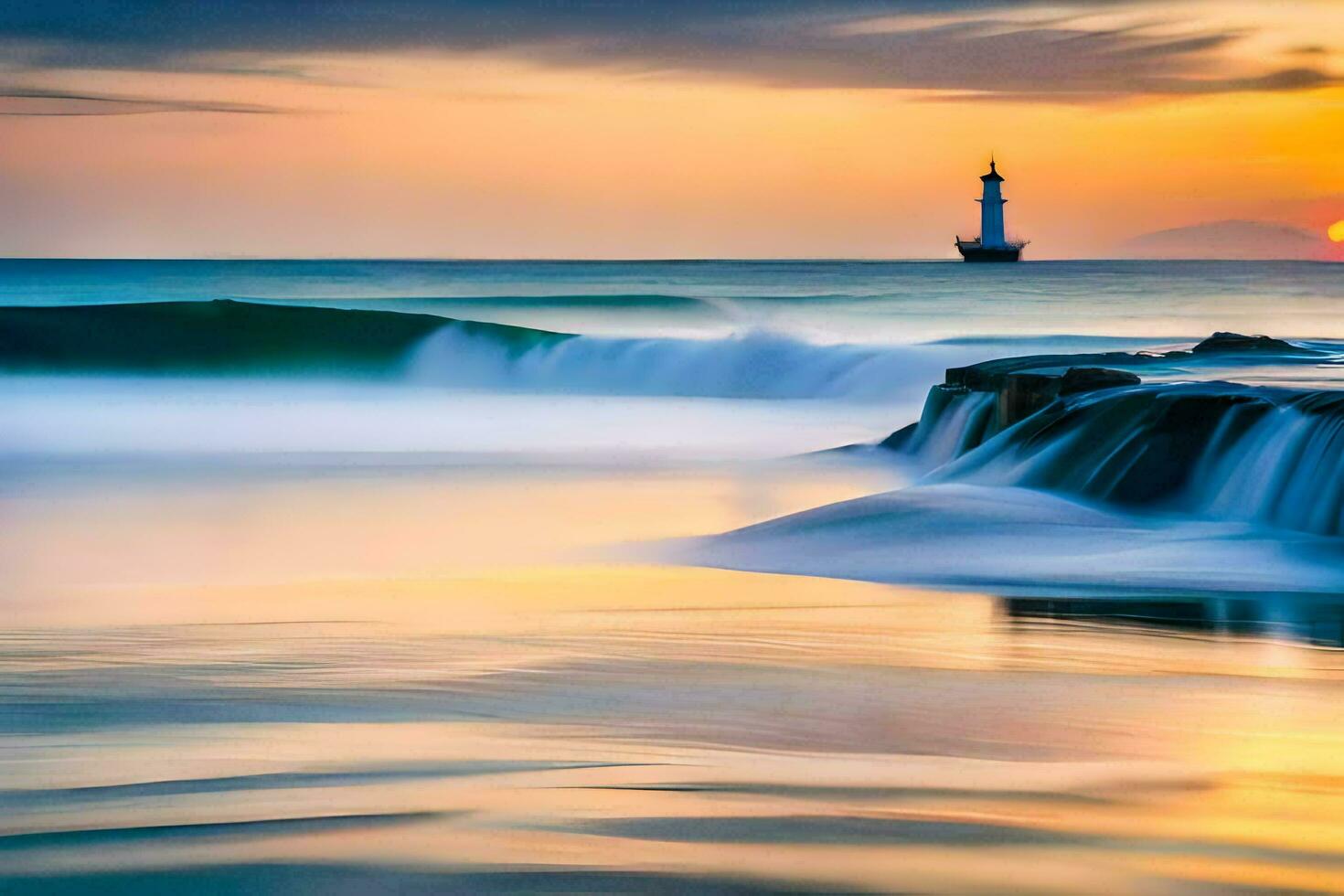 a lighthouse in the ocean at sunset. AI-Generated photo