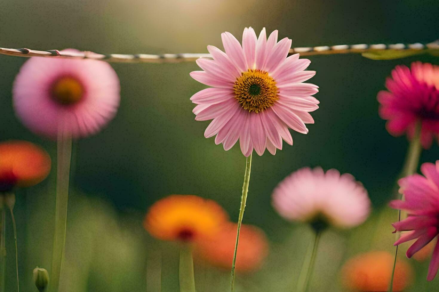 pink flowers are on a wire in a field. AI-Generated photo
