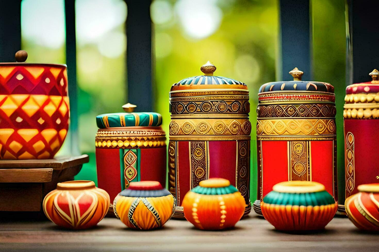 a group of colorful vases and pots on a table. AI-Generated photo