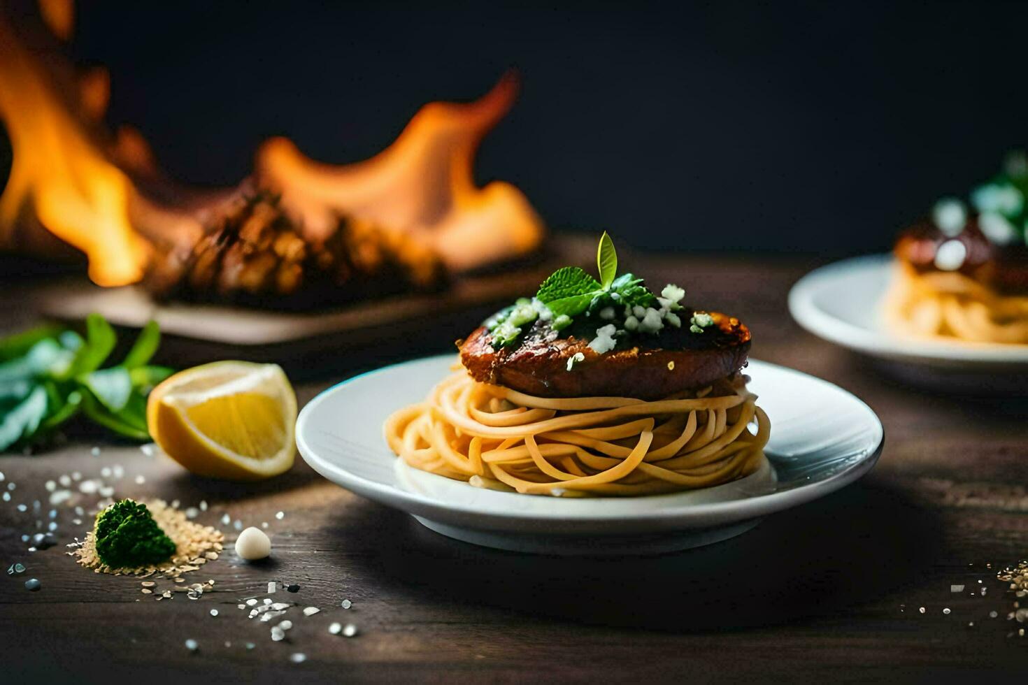 spaghetti with meat and sauce on a plate. AI-Generated photo